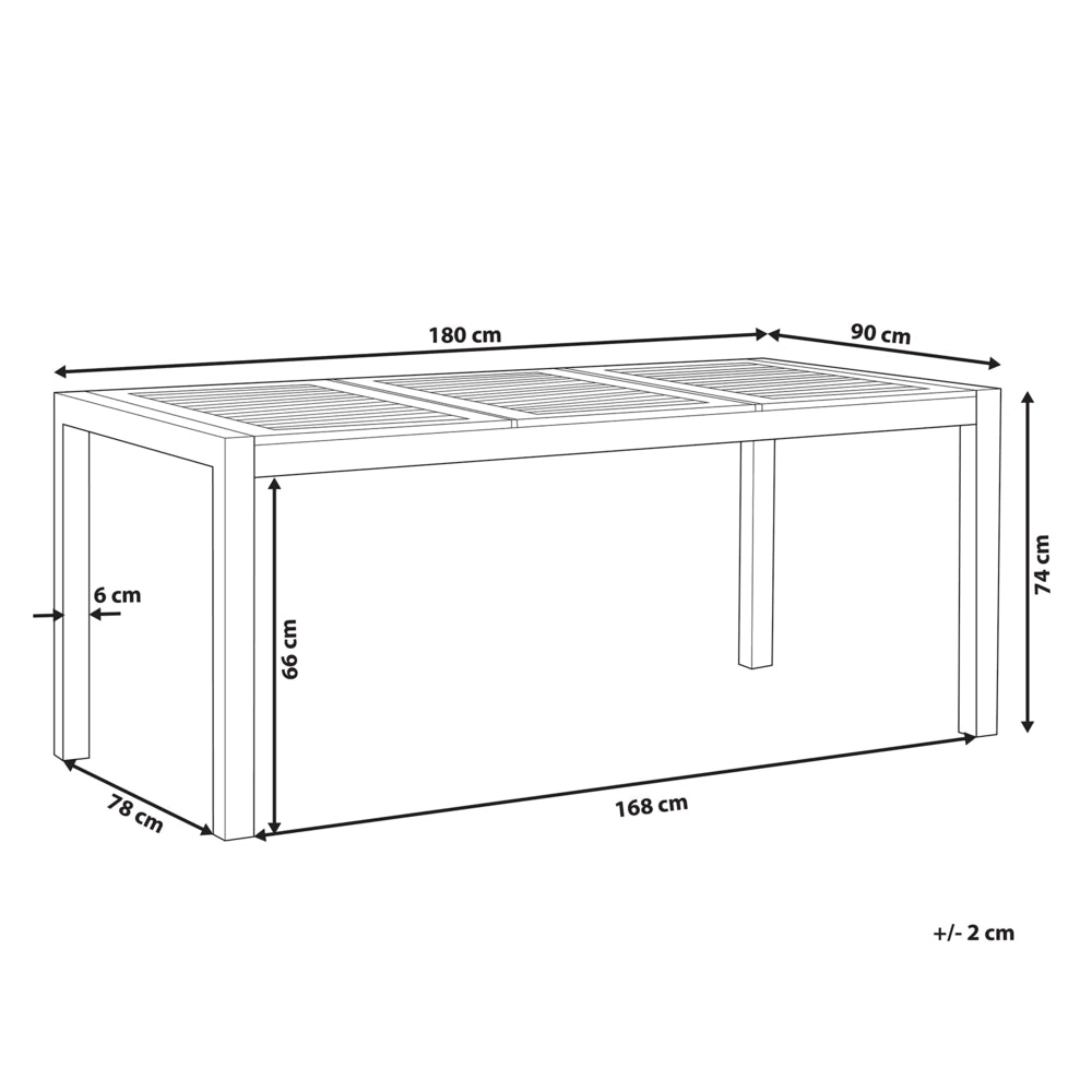 Lampada da tavolo da pranzo da giardino con piano in legno di eucalipto 180 x 90 cm con struttura in acciaio a 6 posti