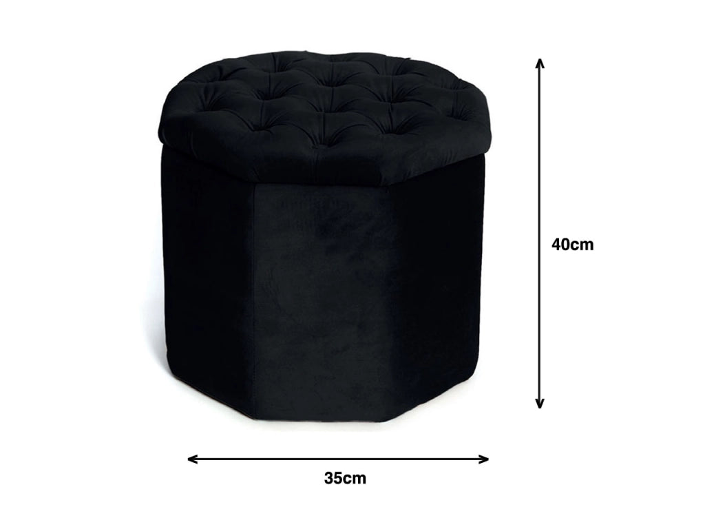 Pouf Salotto Contenitore Imbottito Trapuntato Ottagonale Velvet Tinta Unita - Pouf - Nero