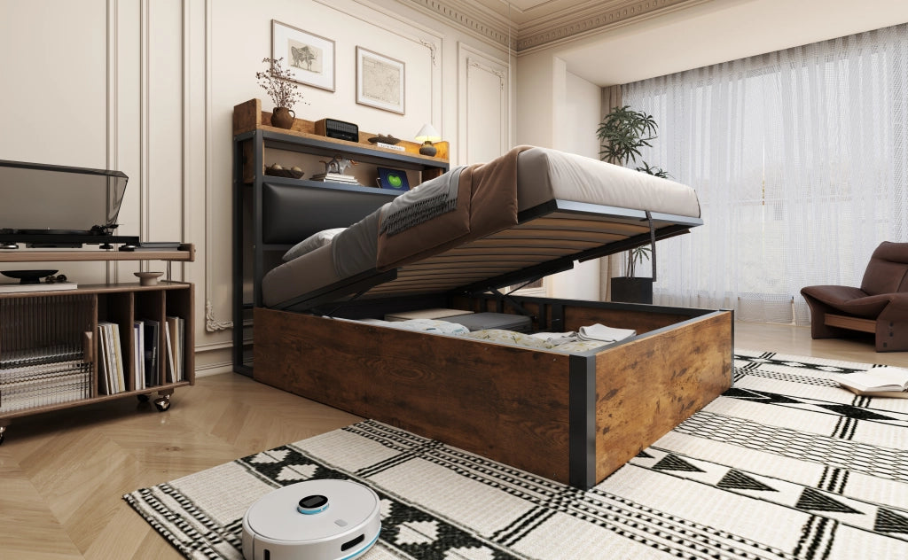 DESMIU Letto contenitore 90 × 200 cm 1 posto con USB, testiera con ripiano, senza materasso, nero