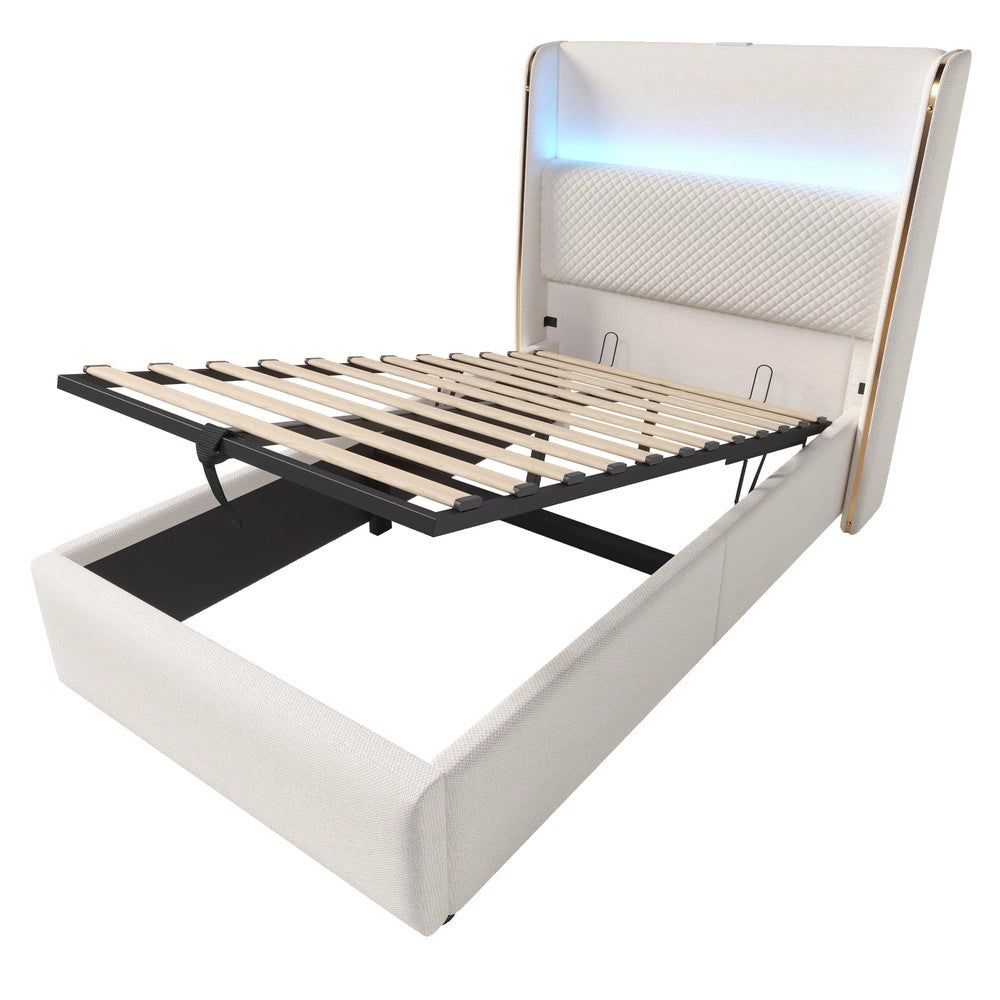 Letto Singolo Contenitore con Testiera Alta e LED ¨C MINIMAL ¨C 90x200 cm, Tessuto Beige, USB