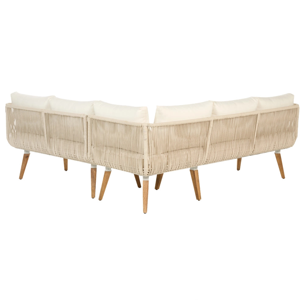 Set Giardino Rattan Beige Divano Ad Angolo Tavolo In Legno Patio Esterno Moderno 5 posti