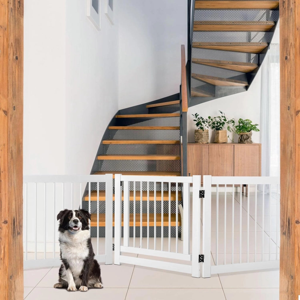 Cancelletto per Cani Pieghevoli 210 x 61 cm, Barriera per Cani in Legno a 3 Pannelli con Porta a Serratura, Recinzione per Scale, Ingressi e Corridoi (Bianco)