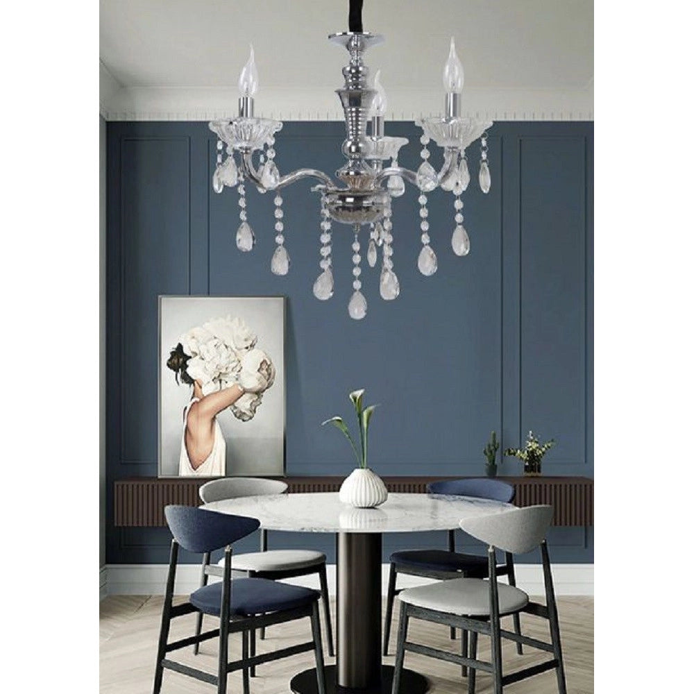 Trade Shop - Lampadario Soffitto 3 Bracci A Sospensione Con Catena Gocce Pendenti Lampada A26 - Argento