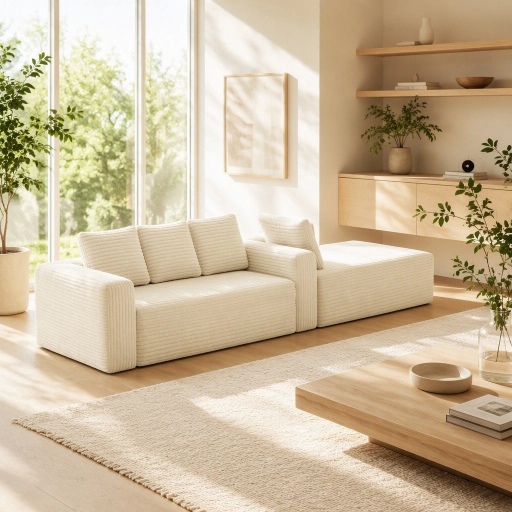 Divano ad angolo, divano a L, con poltrona reclinabile a destra, design modulare, 4 cuscini, pronto all’uso, beige