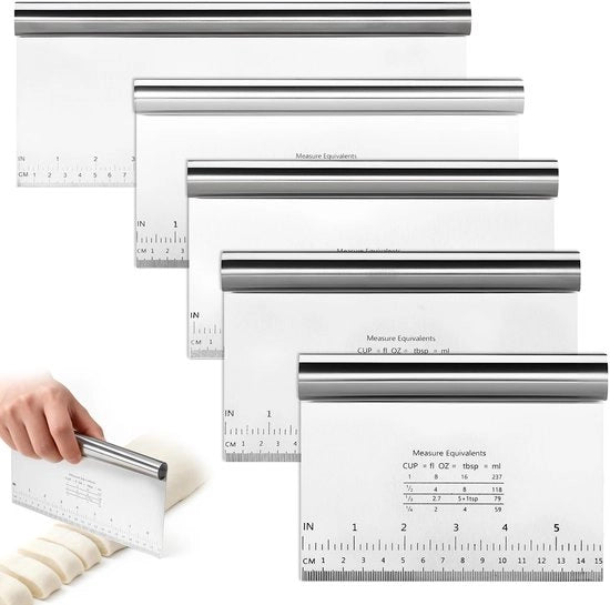 Dailygoods- Deegschraper Set 5 Stuks - Roestvrij Staal - Keukenschraper 15/20/22/25/30 cm - Deegsnijder - Professioneel Bakgereedschap - Nauwkeurige Schaalverdeling