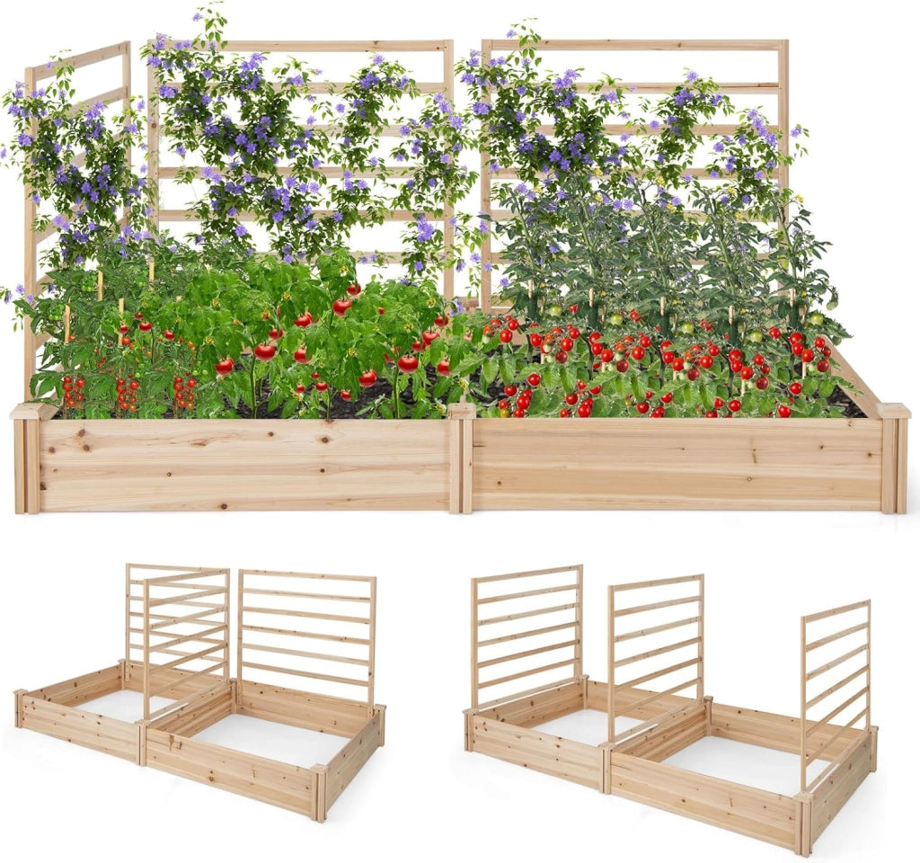 Letto Rialzato da Giardino con 2 Cassoni per Piantare e 3 Tralicci, Aiuola Rialzata da Giardino in Legno per Fiori, Erbe, Verdure, Frutta e Viti Rampicanti, 222 cm x 114 cm x 110 cm (Marrone)