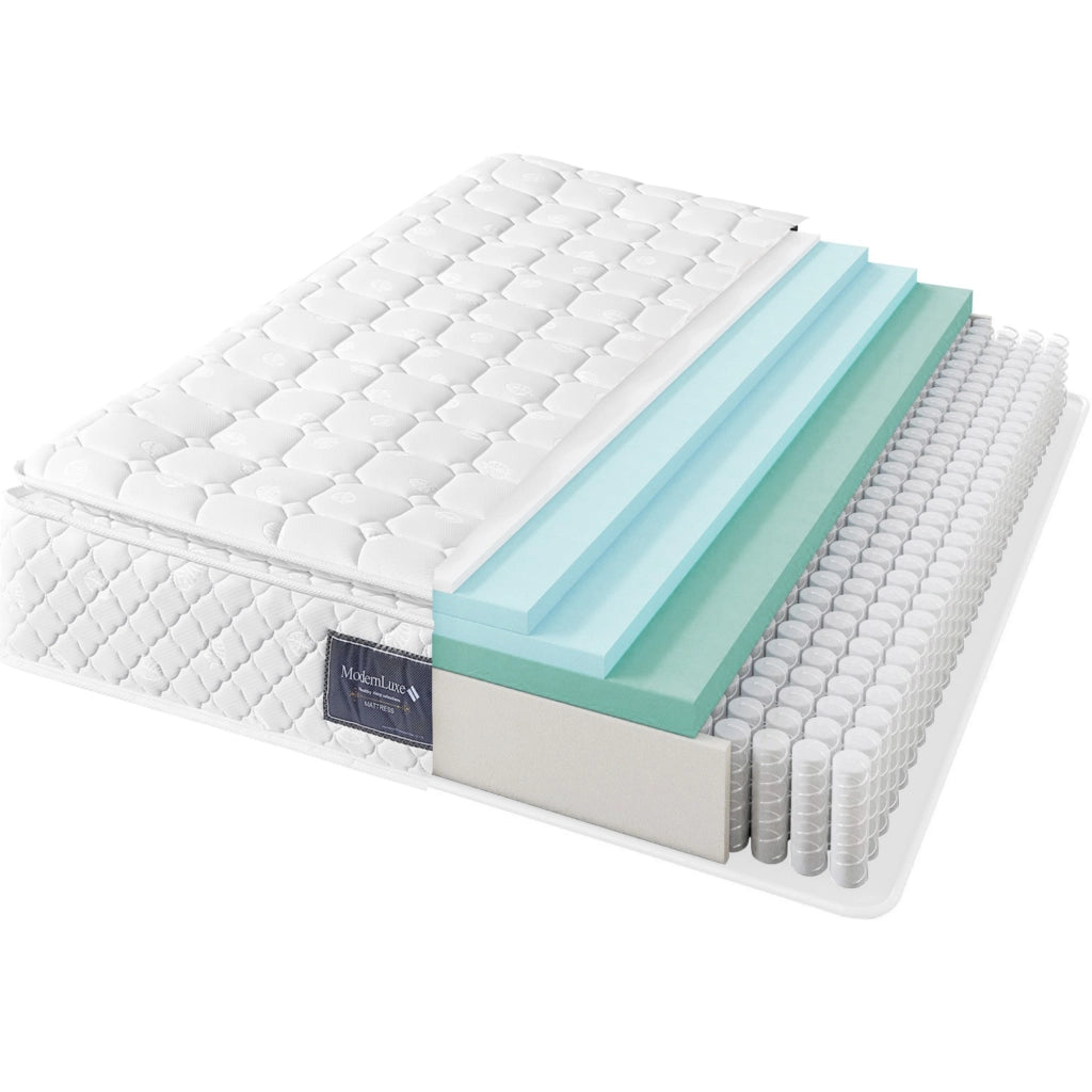 Materasso a molle insacchettate e schiuma a 7 zone; altezza 25 cm; rivestimento bianco in poliestere