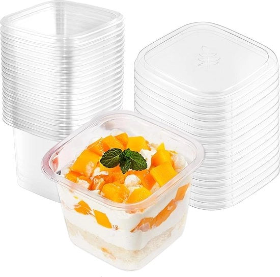 Portate per dessert con coperchio - 150 pezzi - 400 ml - bicchieri di plastica quadrati - portate per dessert riutilizzabili - portate per parfait antipasti - mousse pudding - tiramisù dessert di gelato