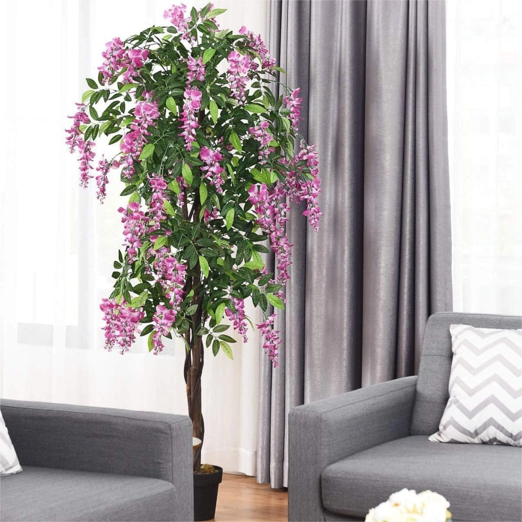 Pianta artificiale Wisteria, albero artificiale con foglie e 2 tronchi, fiori artificiali in vaso, piante decorative, 180 cm