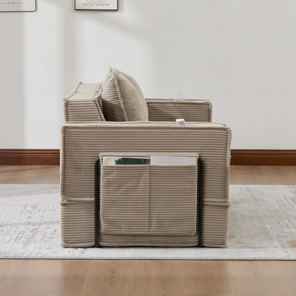 Divano letto 162x78x66 cm in tessuto cord khaki modulare con cuscini