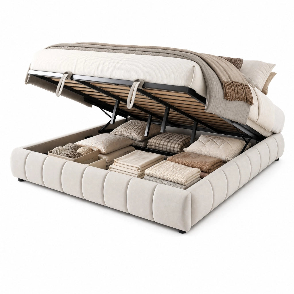 Letto imbottito 180x200 cm con sollevamento idraulico, LED bianco, senza testiera, Beige