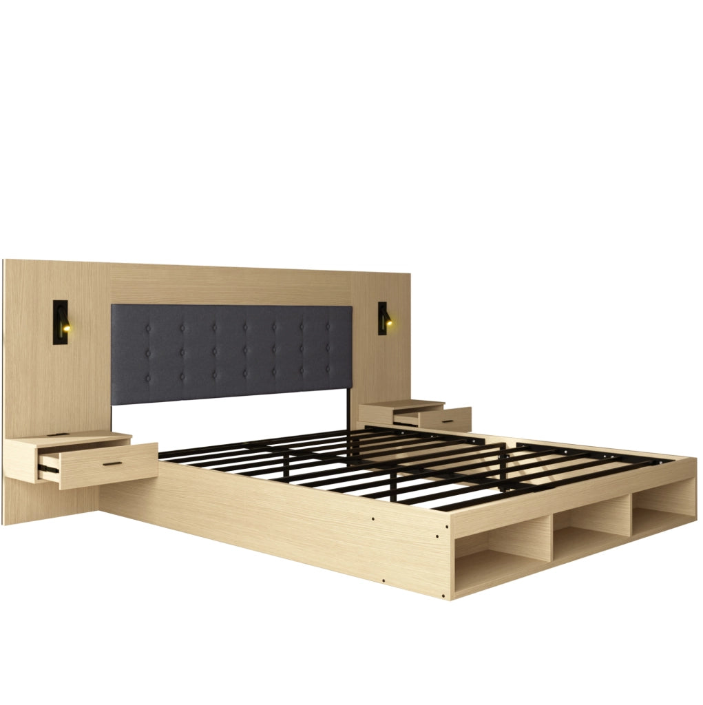 Letto matrimoniale in MDF rovere chiaro con ricarica e illuminazione
