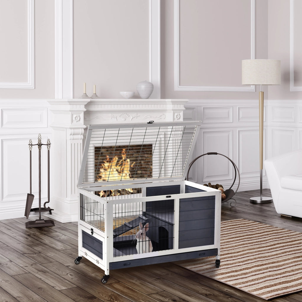 EasyComfort Gabbietta per Conigli e Porcellini d'India Conigliera con 4 Ruote, Casetta, Rampa e Vassoio Rimovibile, Legno Naturale, Grigio e Bianco, 90x53x59 cm