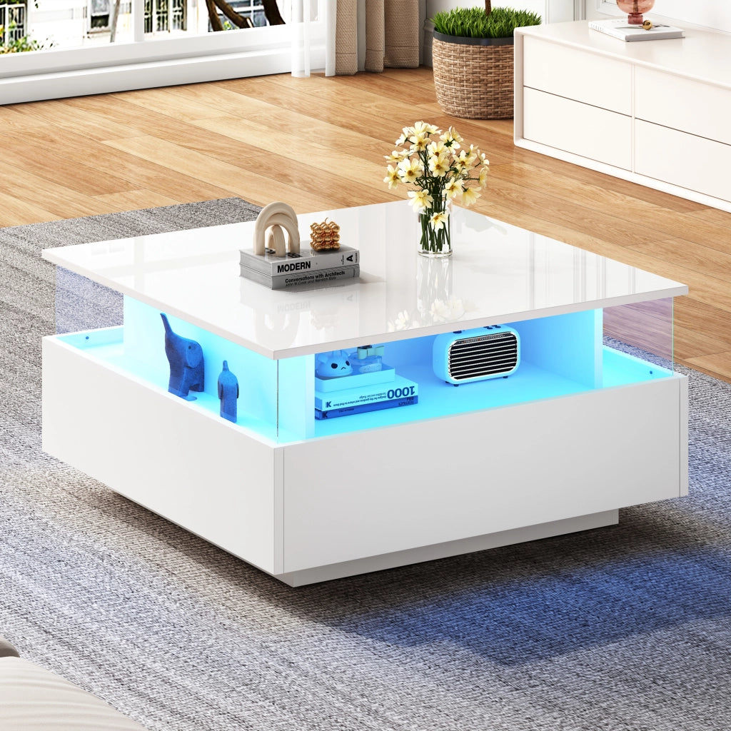 Tavolino da caffè con 2 cassetti; LED e vano trasparente - per soggiorno - in truciolare - 70x70x41 cm - bianco