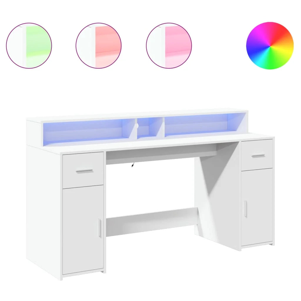 Scrivania tavolo postazione di lavoro scrivania per computer mobile da studio con luci a LED 160 x 55 x 91 cm legno ingegnerizzato bianco 02_0023408
