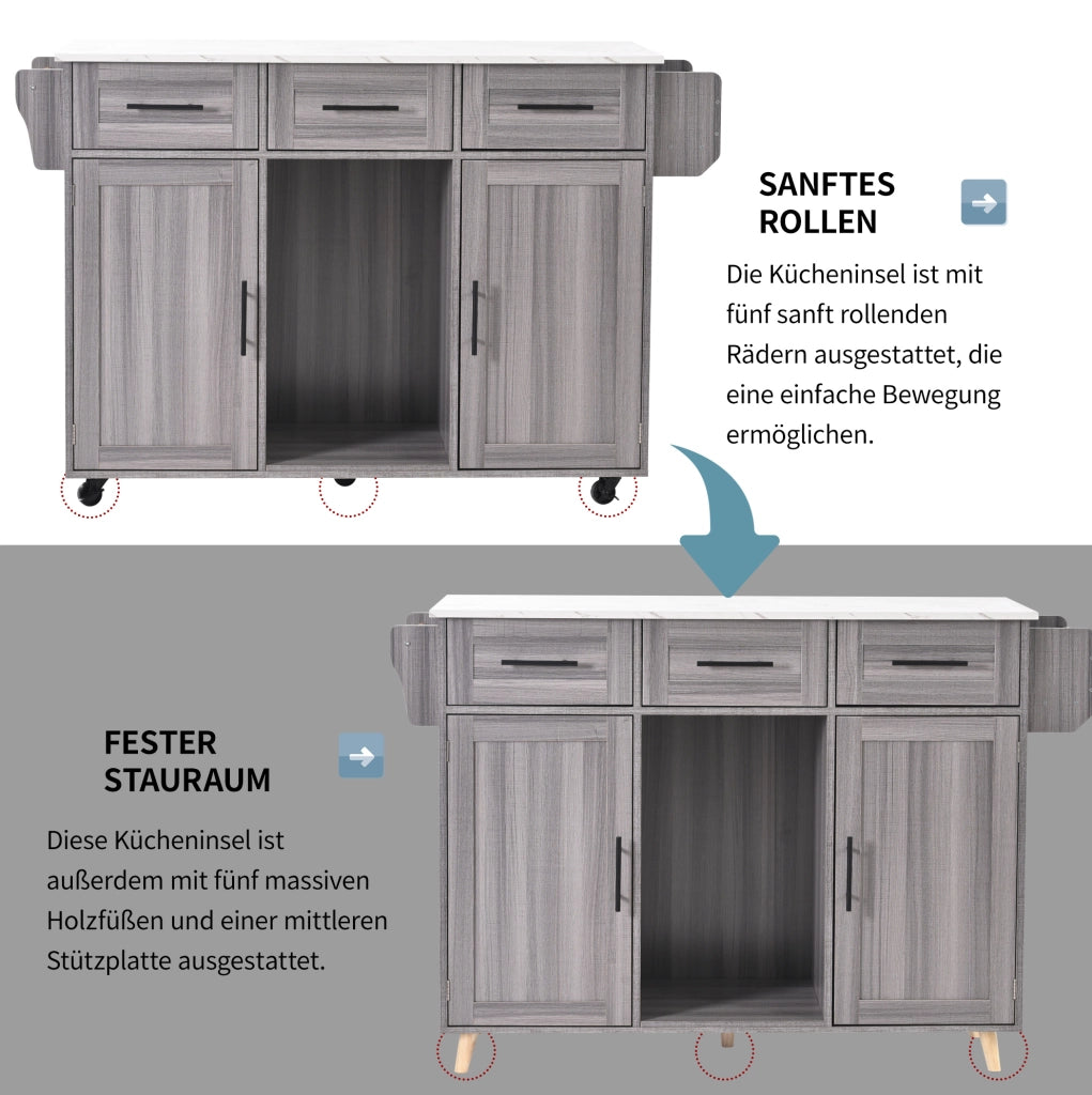 Carrello cucina con piano ribaltabile e contenitore grigio 139 cm