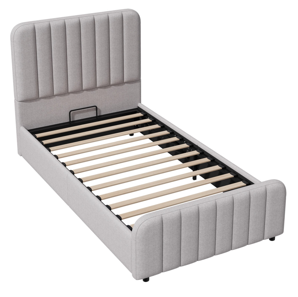 Letto imbottito 90x200 cm con contenitore idraulico in lino grigio