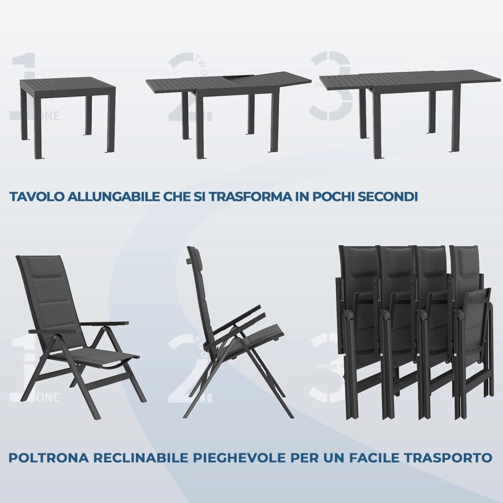 Set Tavolo e Sedie da Giardino 7 Pezzi, Composto da 1 Tavolo in Alluminio e 6 Sedie Pieghevoli, Tavolo da Giardino Allungabile (80/160 cm), Set Tavolo e Sedie da Esterno, Grigio