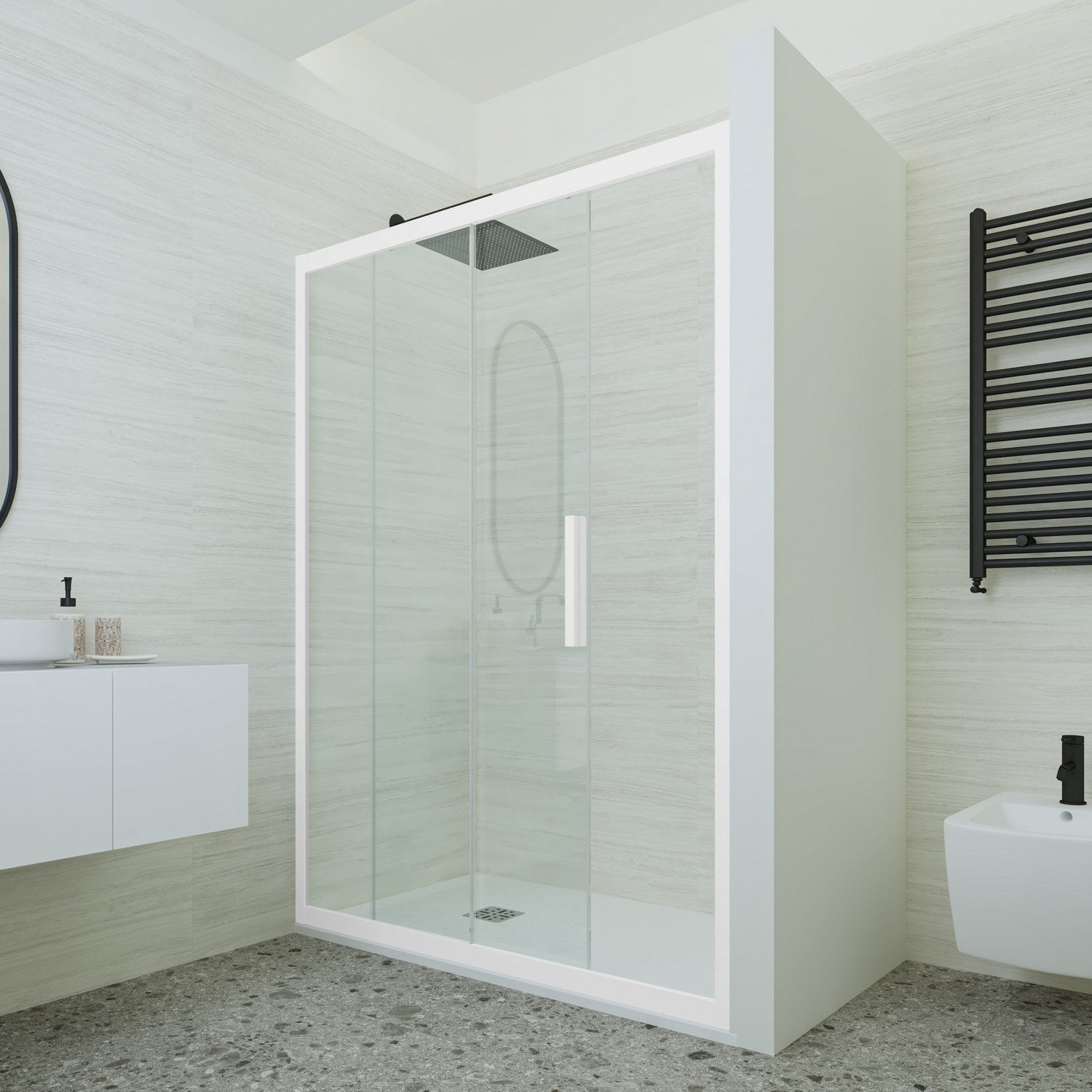 Porta doccia scorrevole 150 CM H 200 Vetro Trasparente Profilo Bianco Matt mod. Deco
