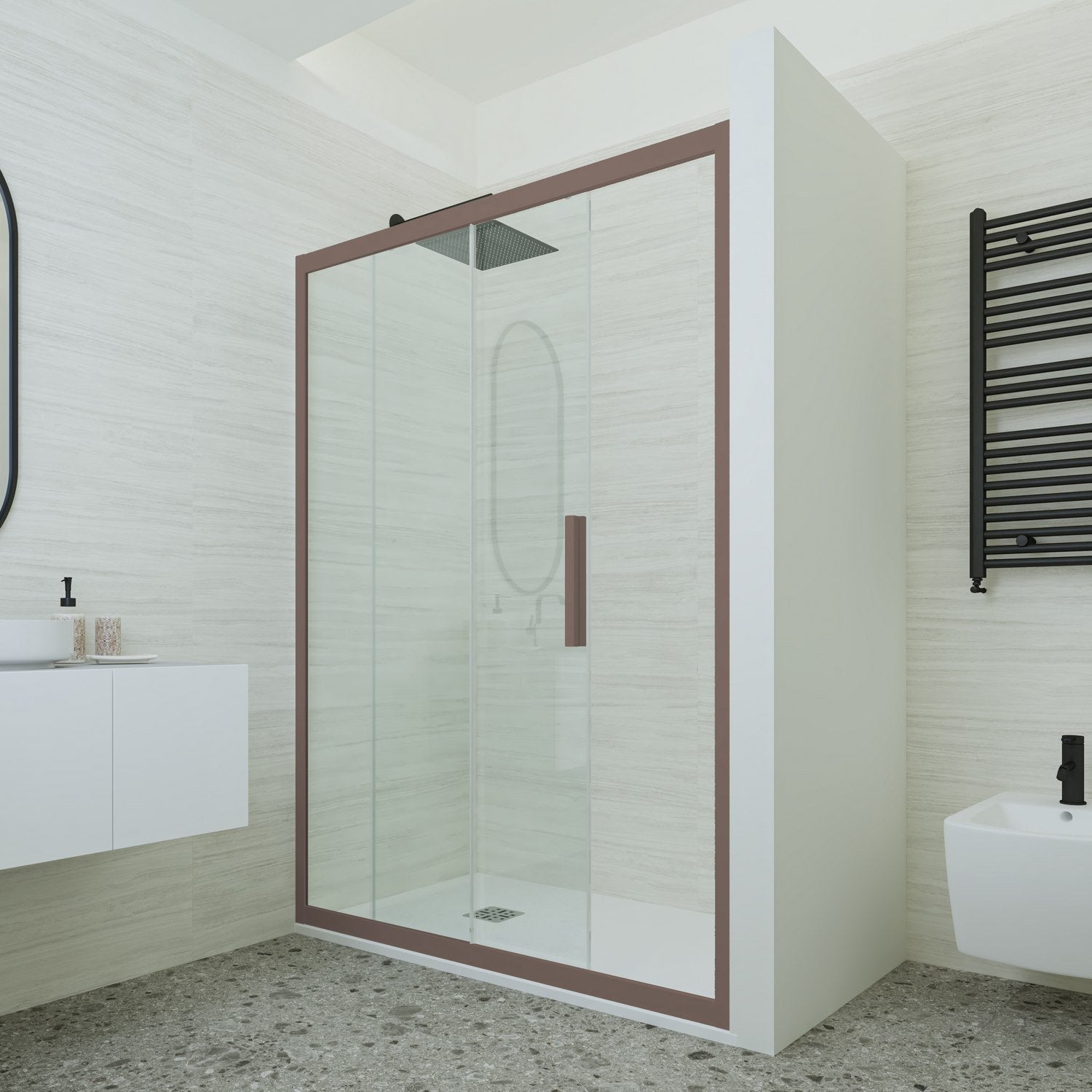 Porta doccia scorrevole 160 CM H 200 Vetro Trasparente Profilo Chocolate mod. Deco