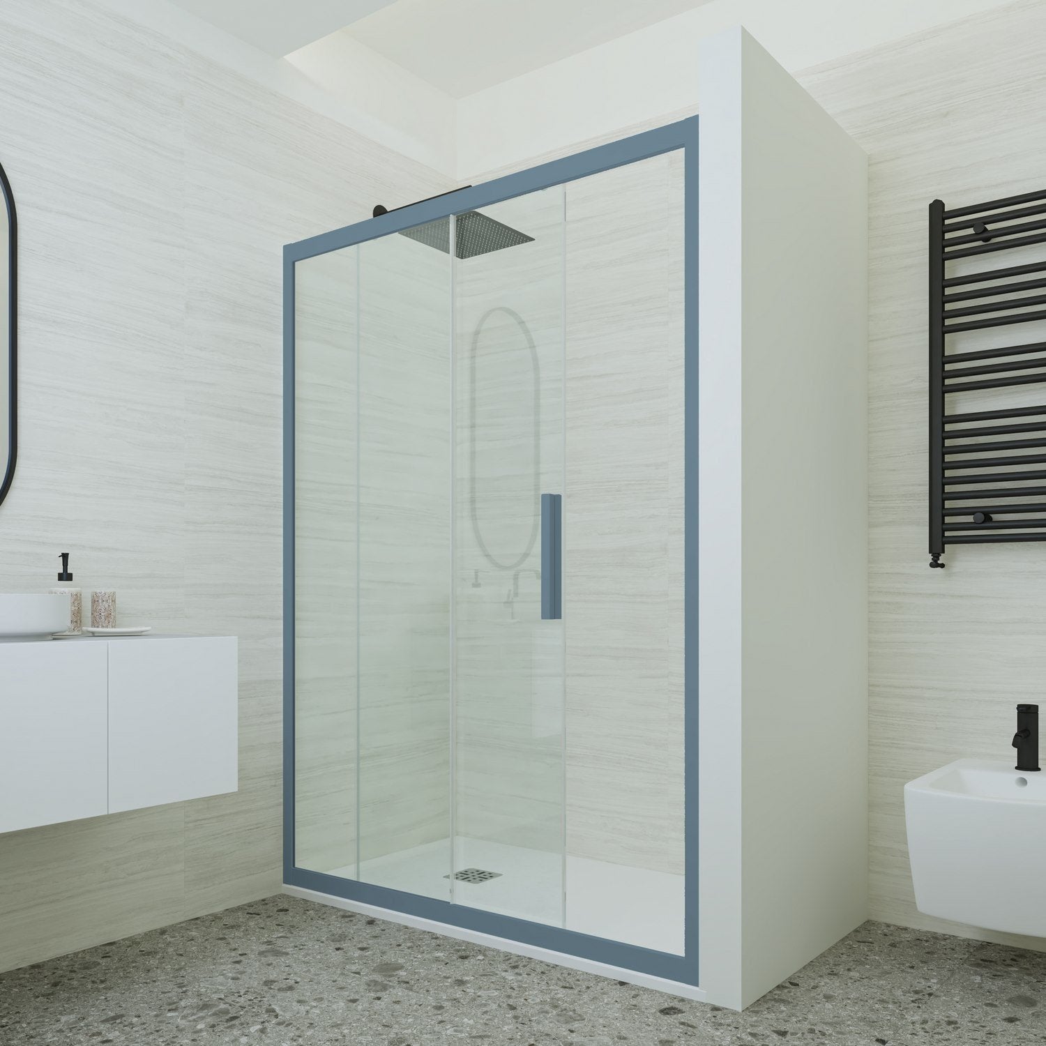 Porta doccia scorrevole 170 CM H 200 Vetro Trasparente Profilo Blu Navy mod. Deco