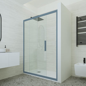 Porta doccia scorrevole 170 CM H 200 Vetro Trasparente Profilo Blu Navy mod. Deco