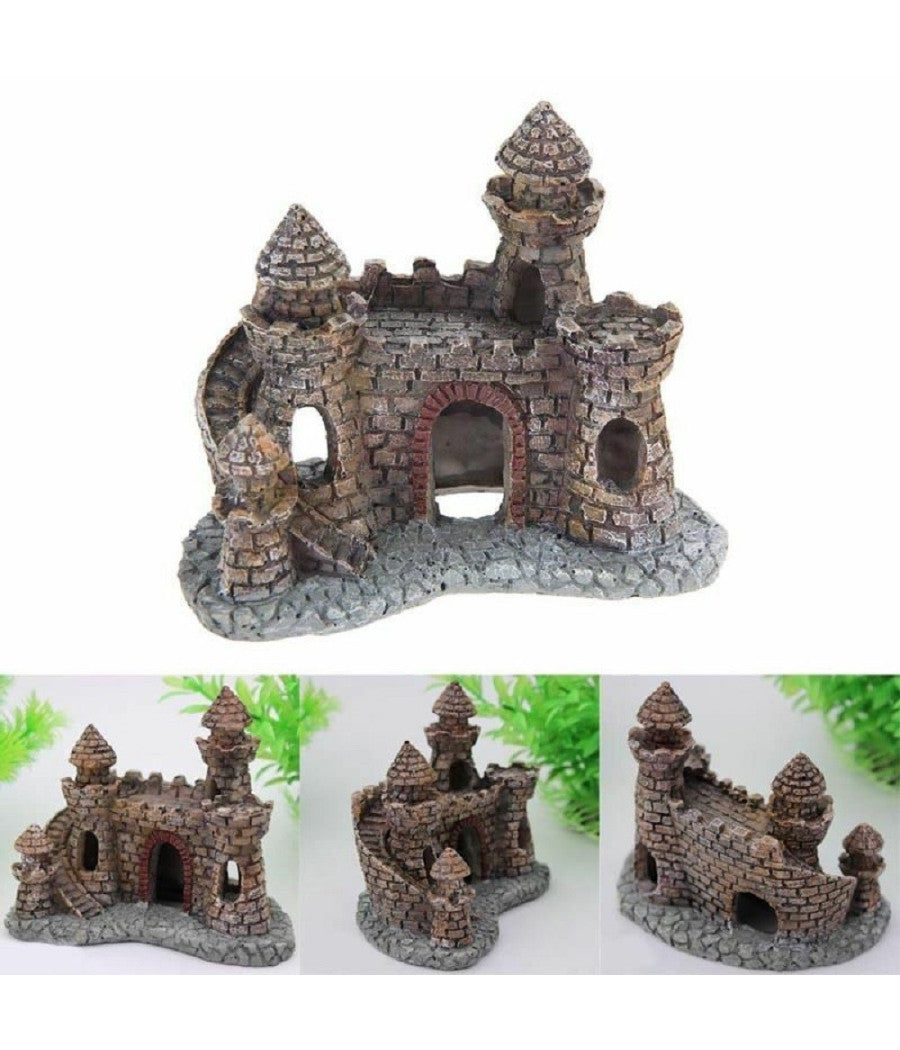 Decorazione Per Acquario Castello Con Torre Resina Pesci Acqua H10 Cm Ornamento         