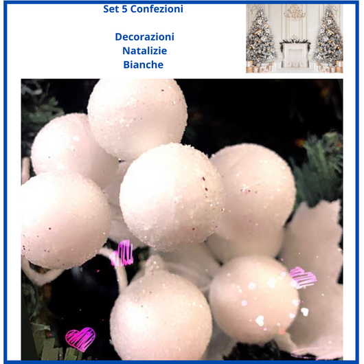 Set 5 confezioni  Decorazioni albero di natale vintage addobbi natalizi palline palle sfere bianche su stelo  decoro centrotavola