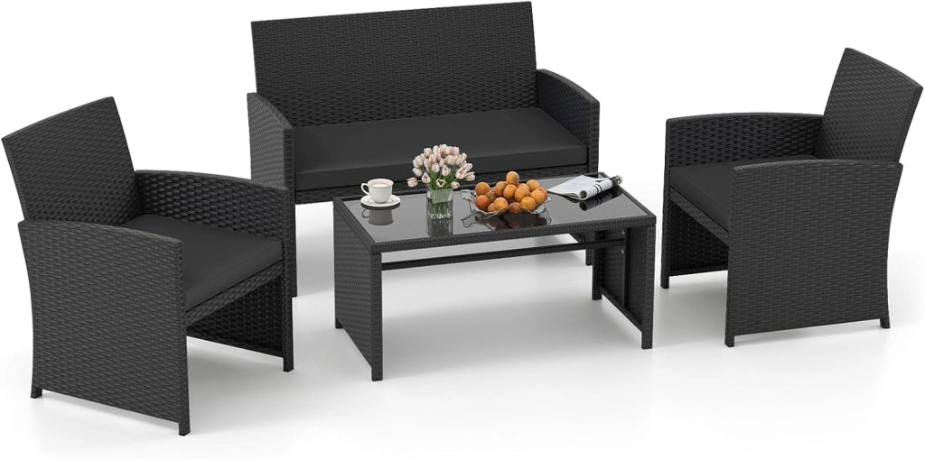 Set Mobili da Giardino in Rattan PE, Divano a 2 Posti e 2 Poltrone con Cuscini Comfort, Tavolino con Piano in Vetro, Arredo da Esterno per 4 Persone per Patio, Balcone, Cortile (Grigio+Bianco)