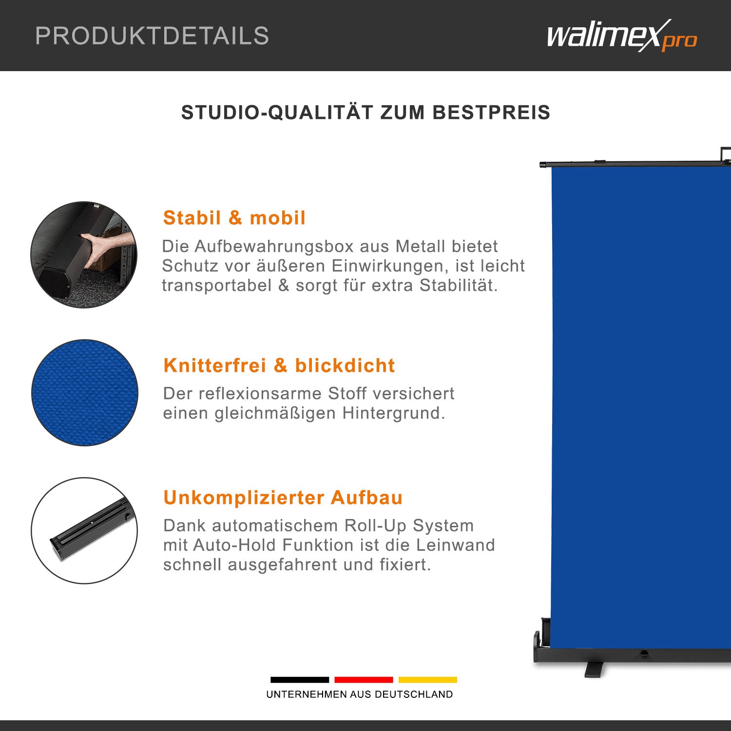 Fondale fotografico a rullo blu 165 x 220 cm, sfondo avvolgibile con supporto, sistema per studi fotografici, pannello ingualcibile per fotografia