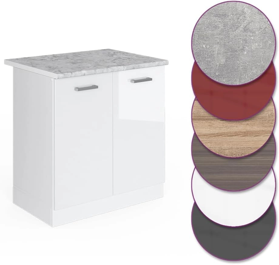 Mobile lavello cucina R-Line, Bianco lucido, 80 cm, PL Marmo, per la libera combinazione all'interno di sistemi cucina modulari