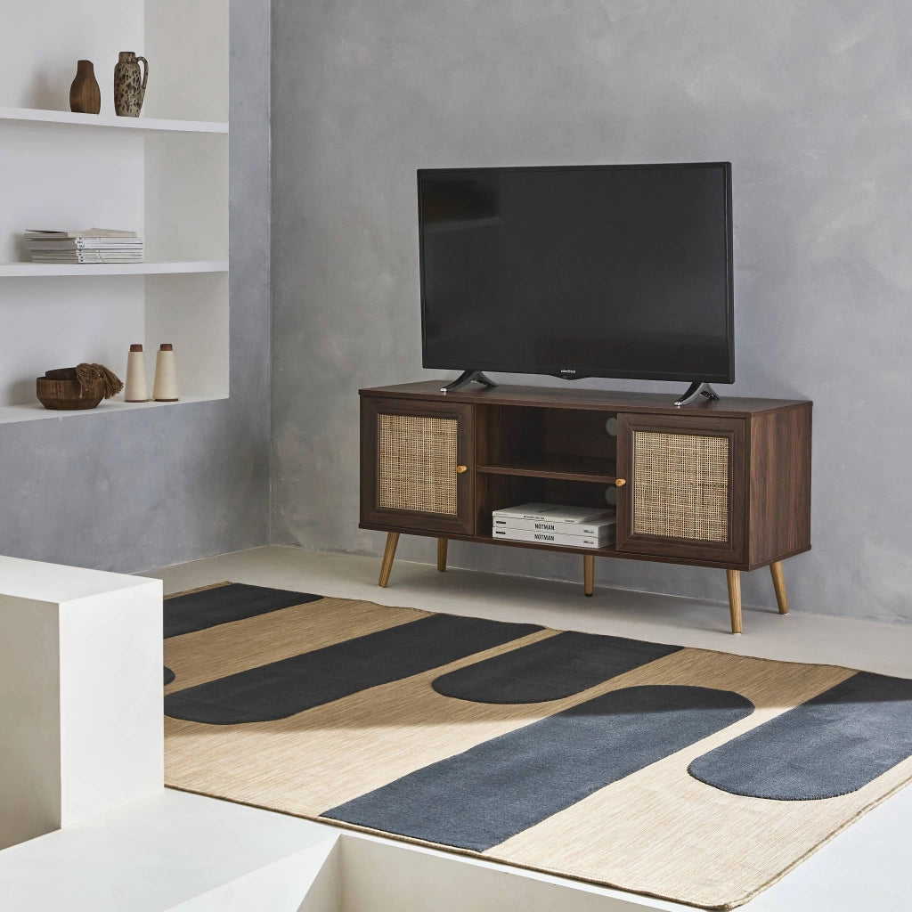 Mobile tv in cannage 2 livelli, 120cm, marrone scuro naturale