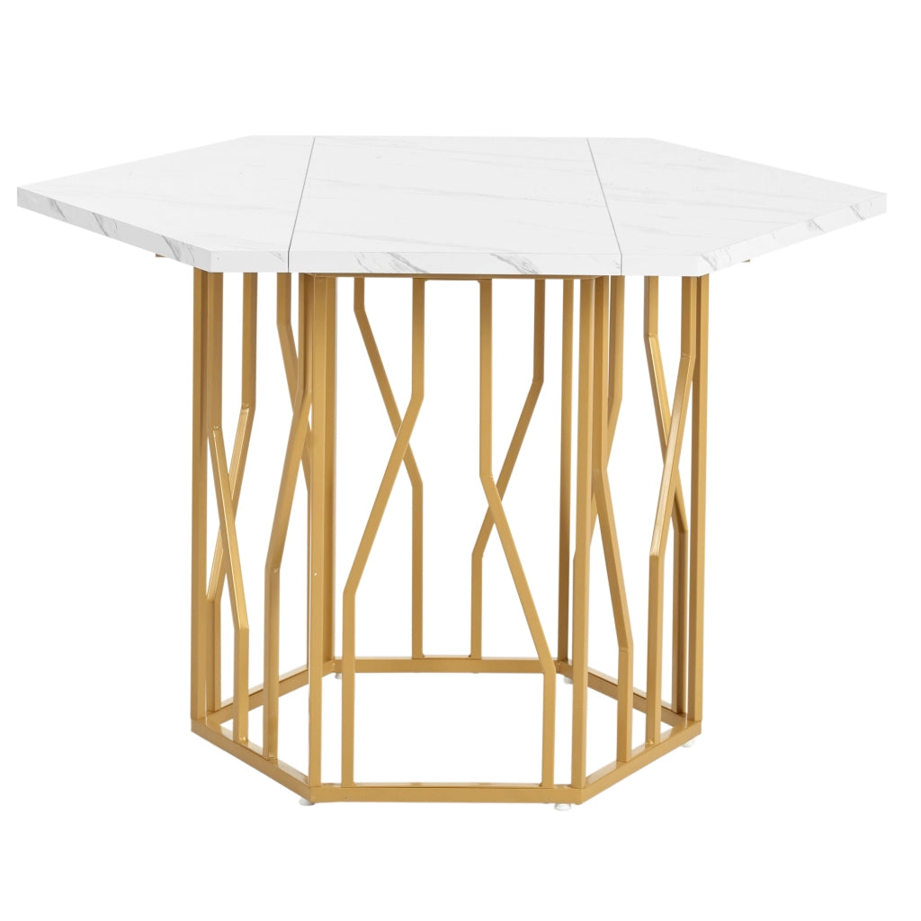 Tavolo moderno esagonale con piano effetto marmo, struttura in metallo dorato, bianco e oro
