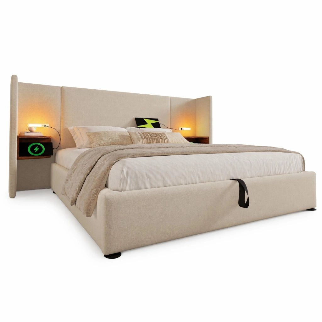 Letto contenitore 180x200 cm beige con libreria laterale, luce touch e ricarica USB-C