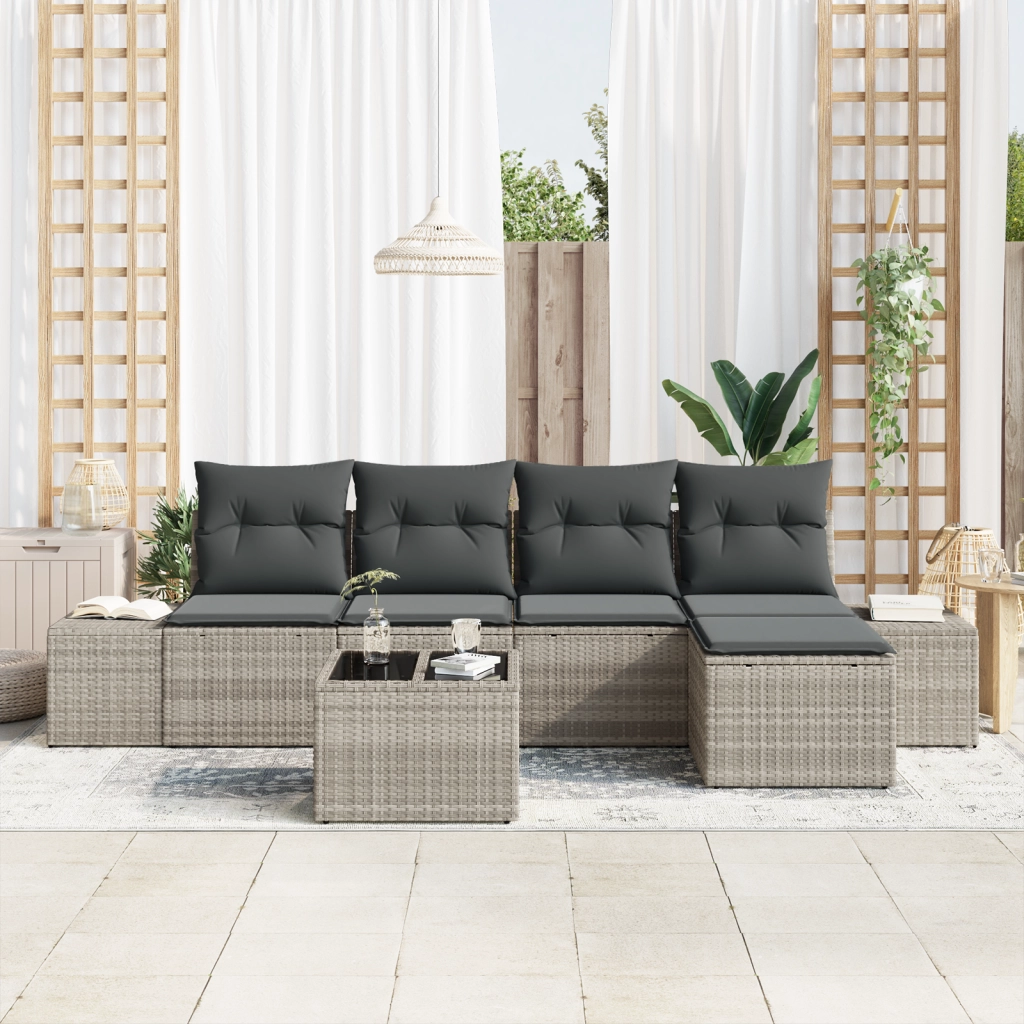 Set da Divano da Giardino a 6 pezzi con Cuscini Grigio Polyrattan