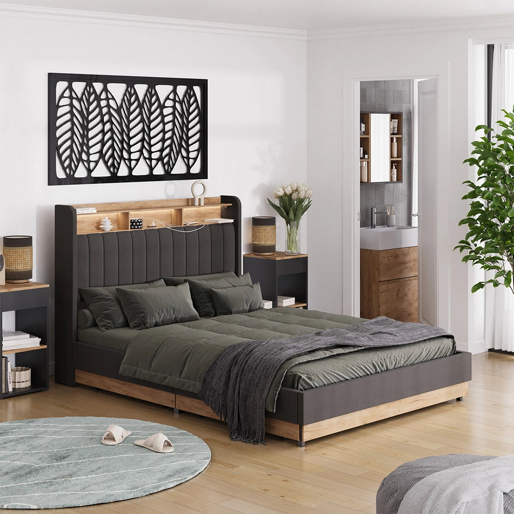 Vitalispa Letto imbottito Antracite/quercia con 4 cassetti