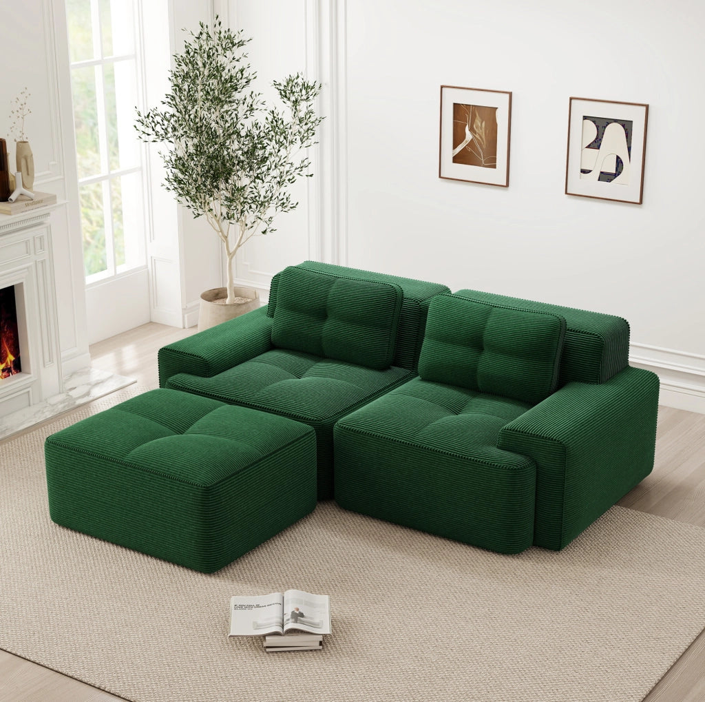 Divano modulare con seduta profonda in corduroy verde