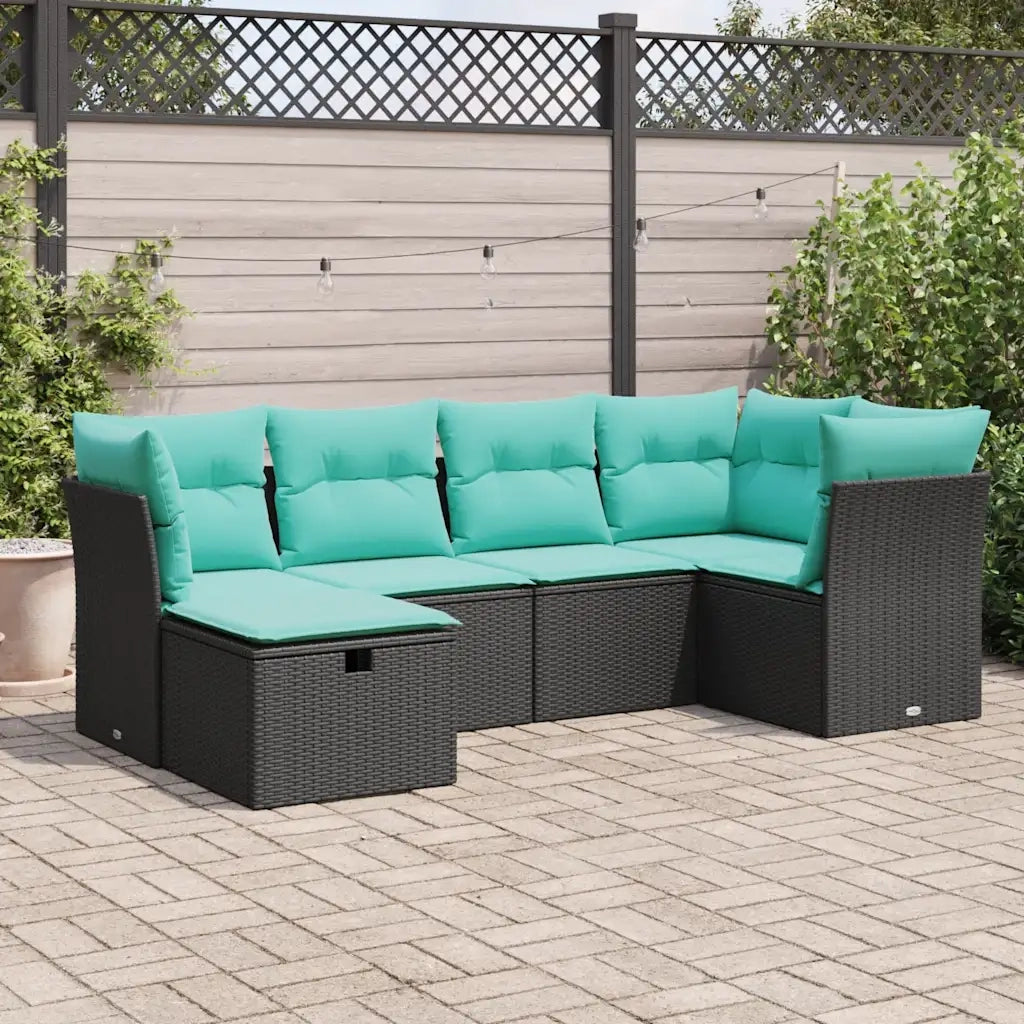 Set Divano da Giardino 6 pz con Cuscini Nero in Polyrattan