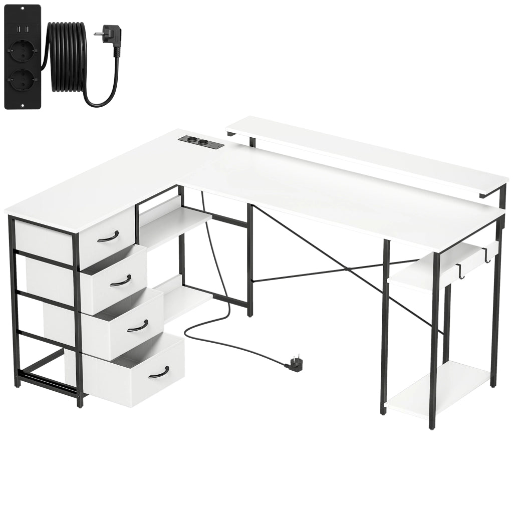 Scrivania Angolare 155x112x85,5-91,5 cm con Prese 4 Cassetti in Tessuto Rialzo Monitor e 2 Ganci Bianco e Nero