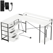 Scrivania Angolare 155x112x85,5-91,5 cm con Prese 4 Cassetti in Tessuto Rialzo Monitor e 2 Ganci Bianco e Nero