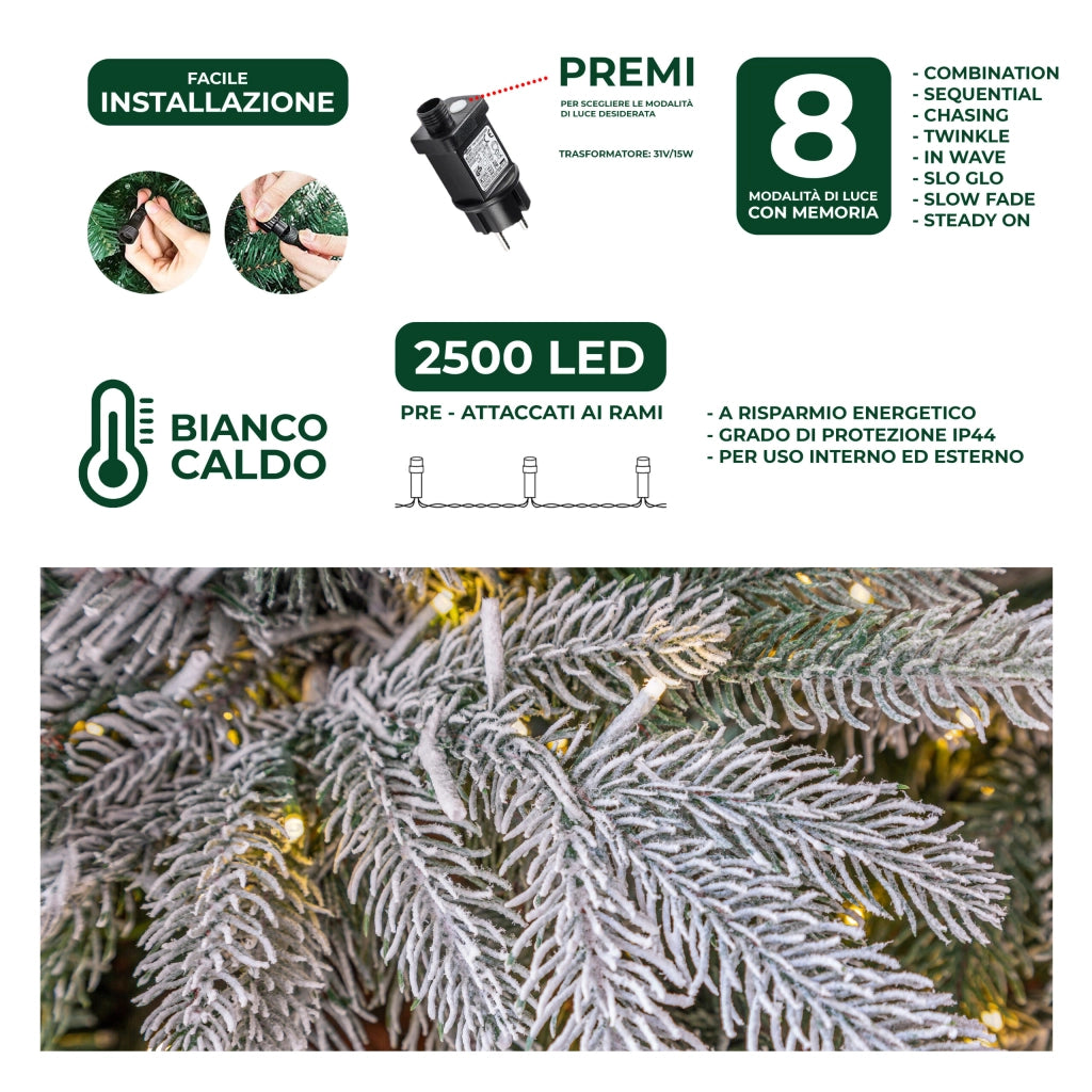 Albero di Natale Pino Verde Innevato Le Stelle St. Moritz H 210cm x L 150cm Super Folto Effetto Real-Touch con 2500 Luci Led Incorporate 2354 Rami