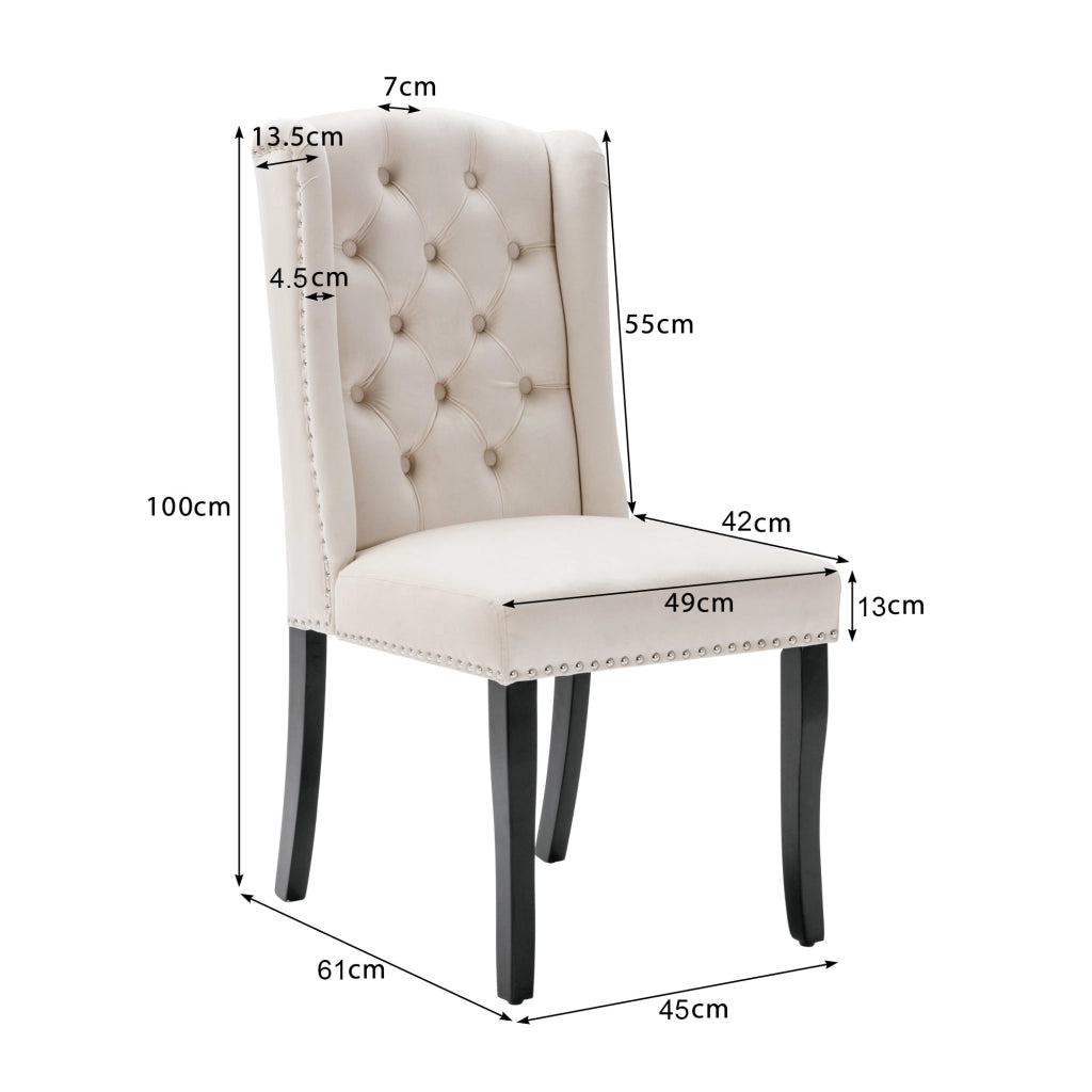 Sedia da sala da pranzo 2 pezzi in velluto con bottoni e borchie argentate, schienale curvo e gambe in rovere beige
