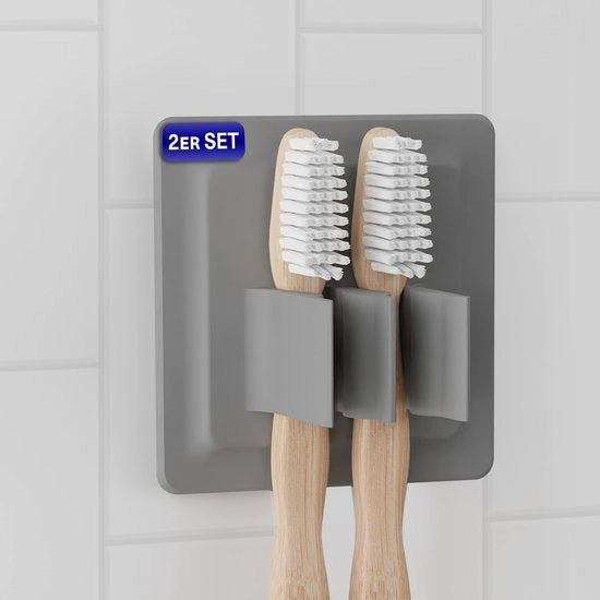 2 x Orecchioni autoadesivi, presa sicura [pelle di silicone morbida] - supporto per spazzola per elettrotosse - per bagno, specchio, doccia, parete (grigio chiaro)