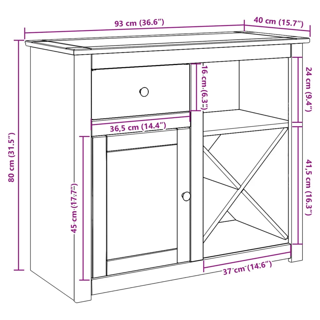 Credenza con Cassetto Panama 93x40x80 cm Legno Massello di Pino