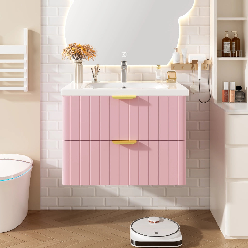 Mobile sottolavabo sospeso con lavabo in ceramica a 2 livelli in MDF rosa e bianco 28,3 kg