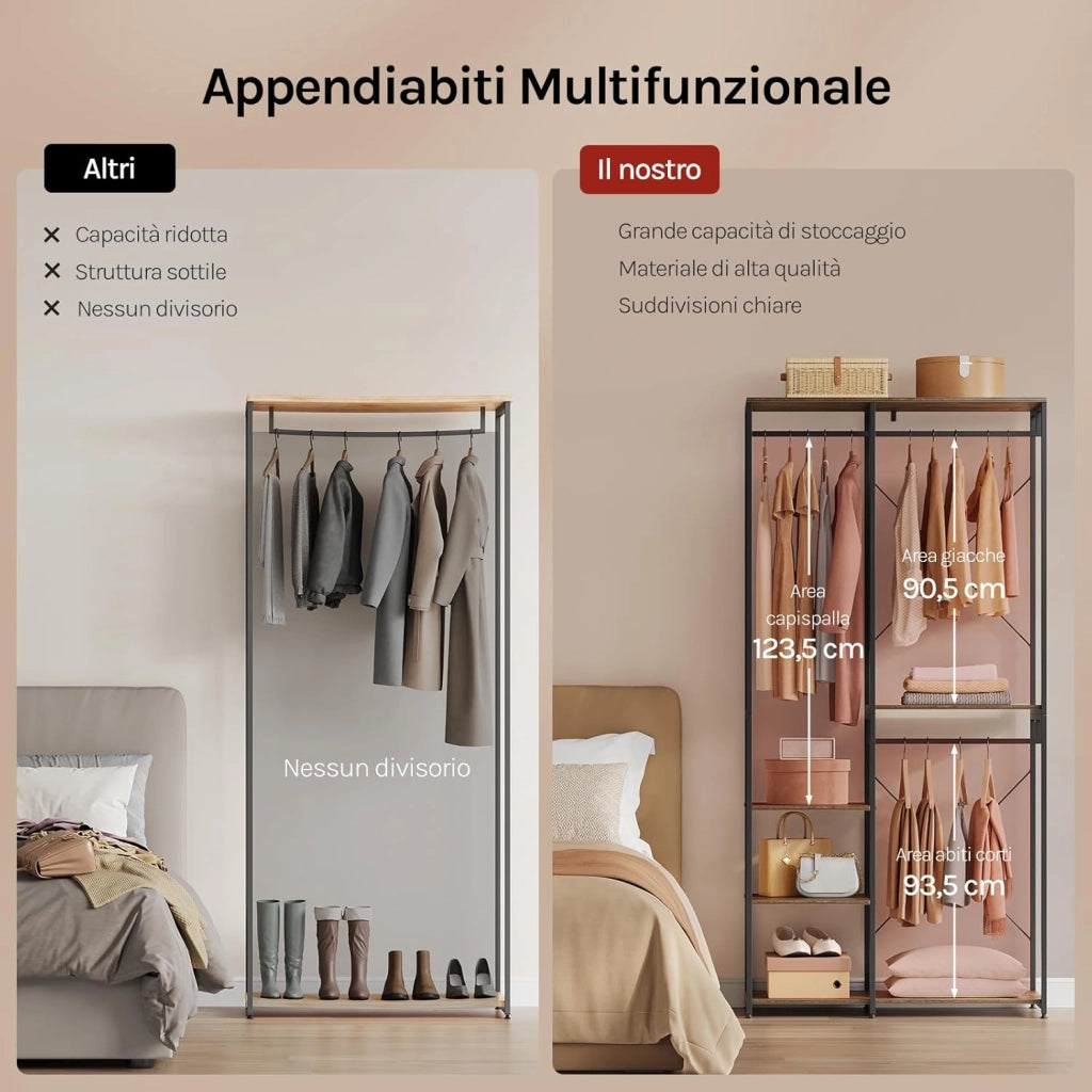 Porta Abiti in MDF e Acciaio, Appendiabiti con Scaffali, Attaccapanni Moderno, Guardaroba Armadio Nero 90x40x204,5 cm