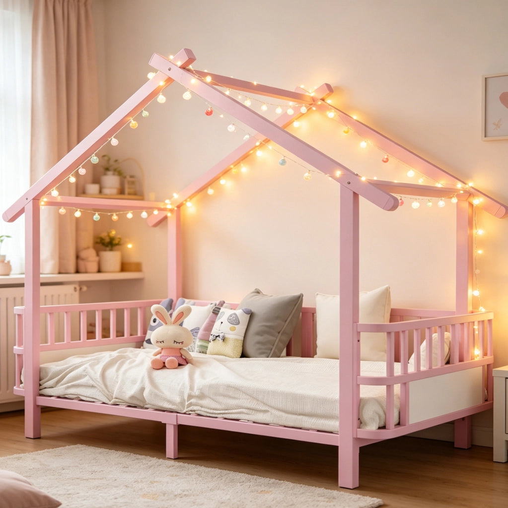Letto per bambini in metallo a forma di casa 90 x 200 cm con sponde di sicurezza; rosa