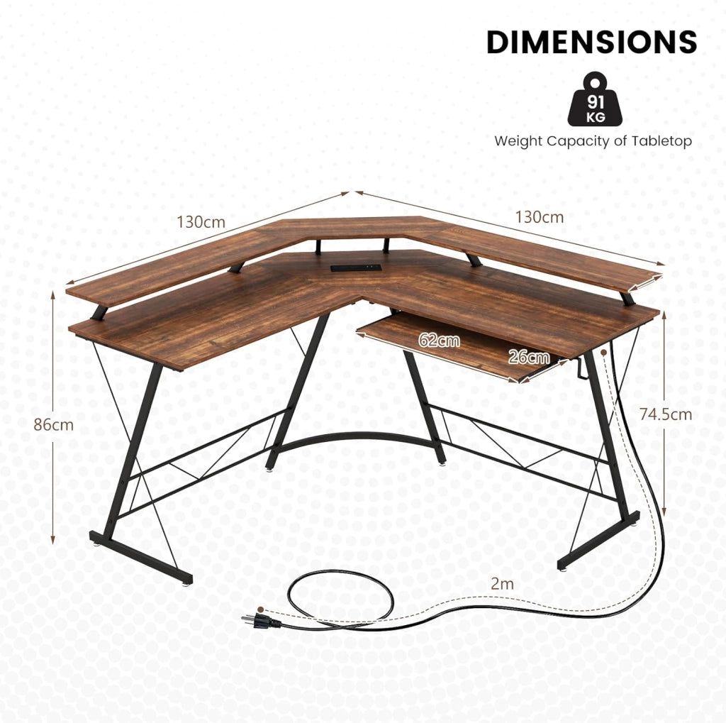 Scrivania angolare per computer a forma di L con 2 prese di corrente, supporto per tastiera, scrivania per computer con 2 porte USB, 130 x 130 x 86 cm (marrone)