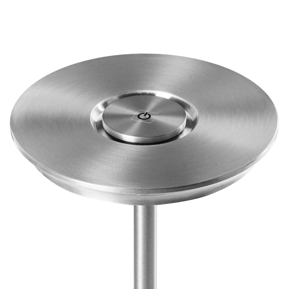 Lampada da tavolo wireless in metallo argento per interni ed esterni con porta USB C ricaricabile
