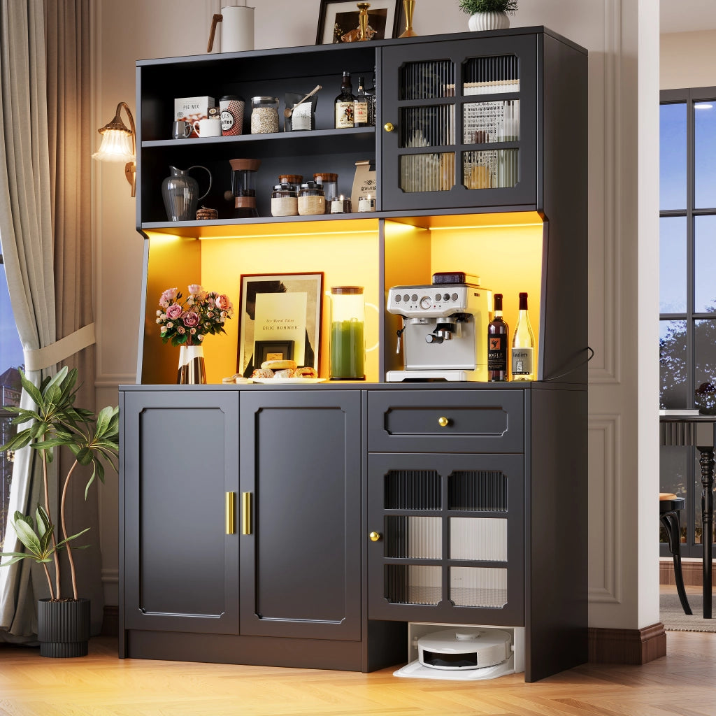 Credenza da cucina alta con ante in vetro e LED; vano per robot aspirapolvere; per cucina; in MDF; nero; 130x45x180 cm